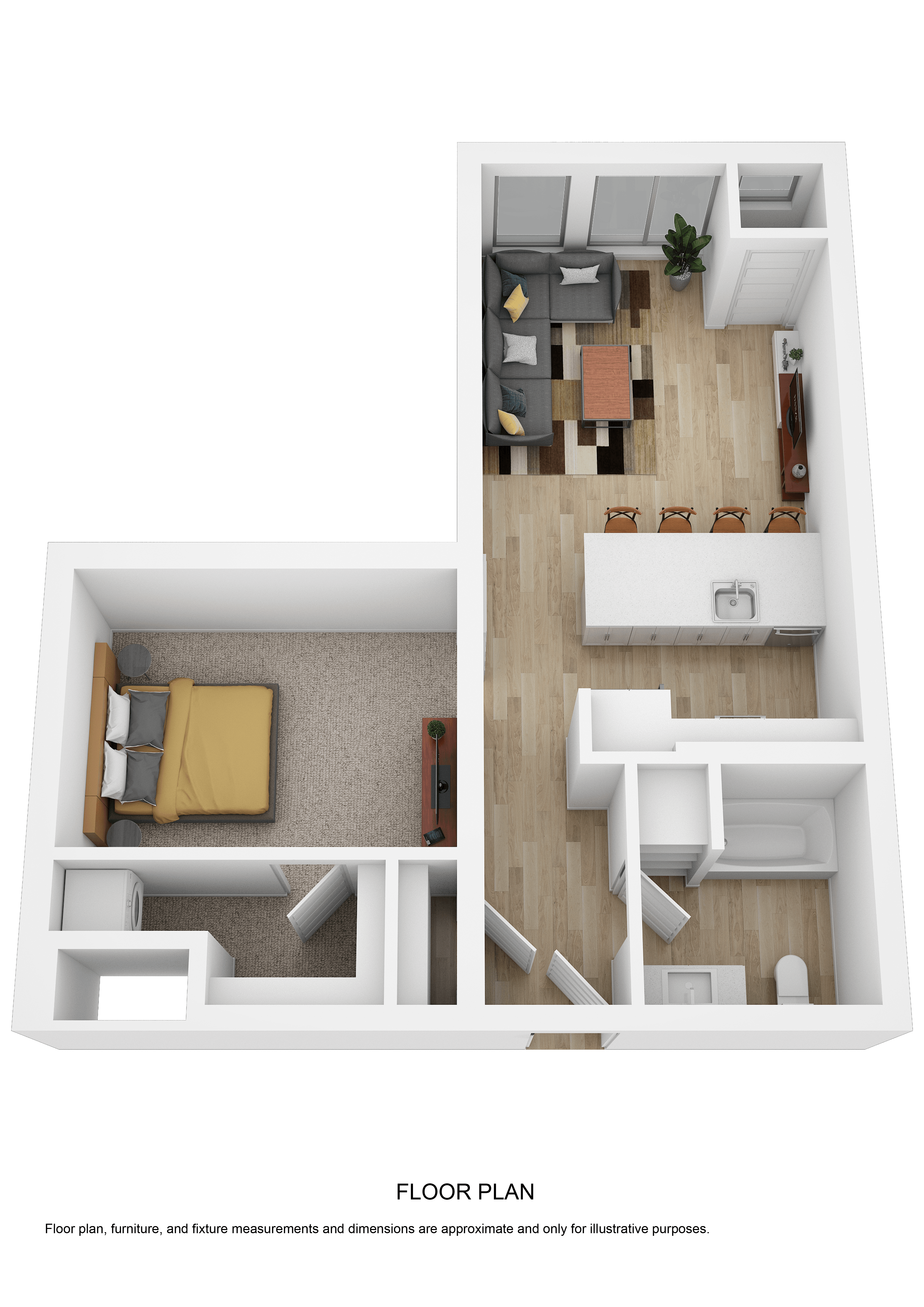 Floor plan for 1 bed, 1 bath, 685 sqft